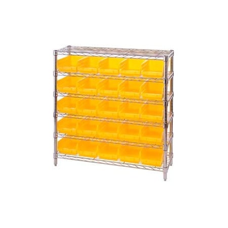 Global Industrial Chrome Wire Shelving with 25 4inH Plastic Shelf Bins Yellow, 36x14x36 268980YL